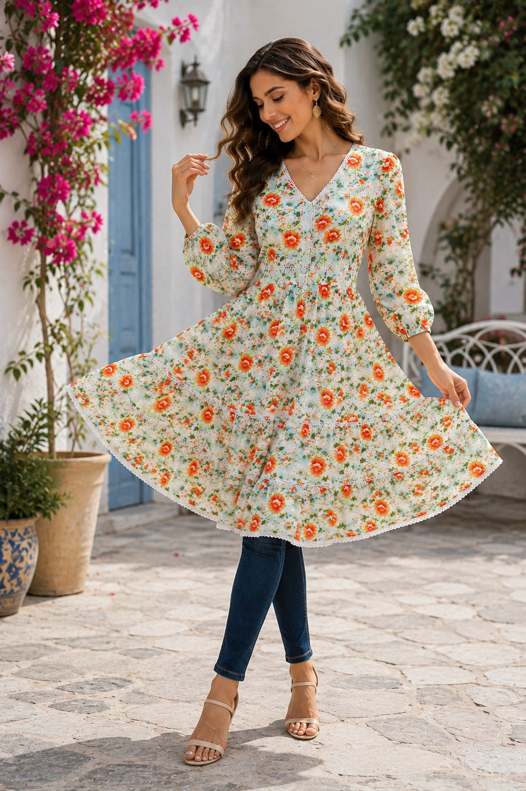 Bohemian Autumn Floral V-Neck Lace Trim Dress - China Boski Fabric , Knee  Length Style