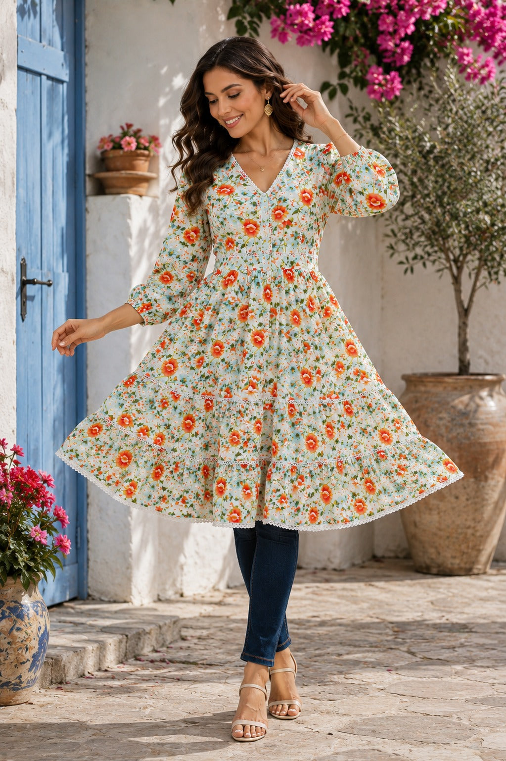Bohemian Autumn Floral V-Neck Lace Trim Dress - China Boski Fabric , Knee  Length Style