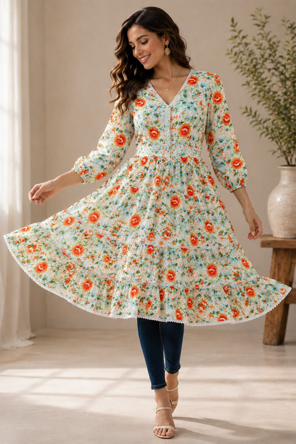 Bohemian Autumn Floral V-Neck Lace Trim Dress - China Boski Fabric , Knee  Length Style