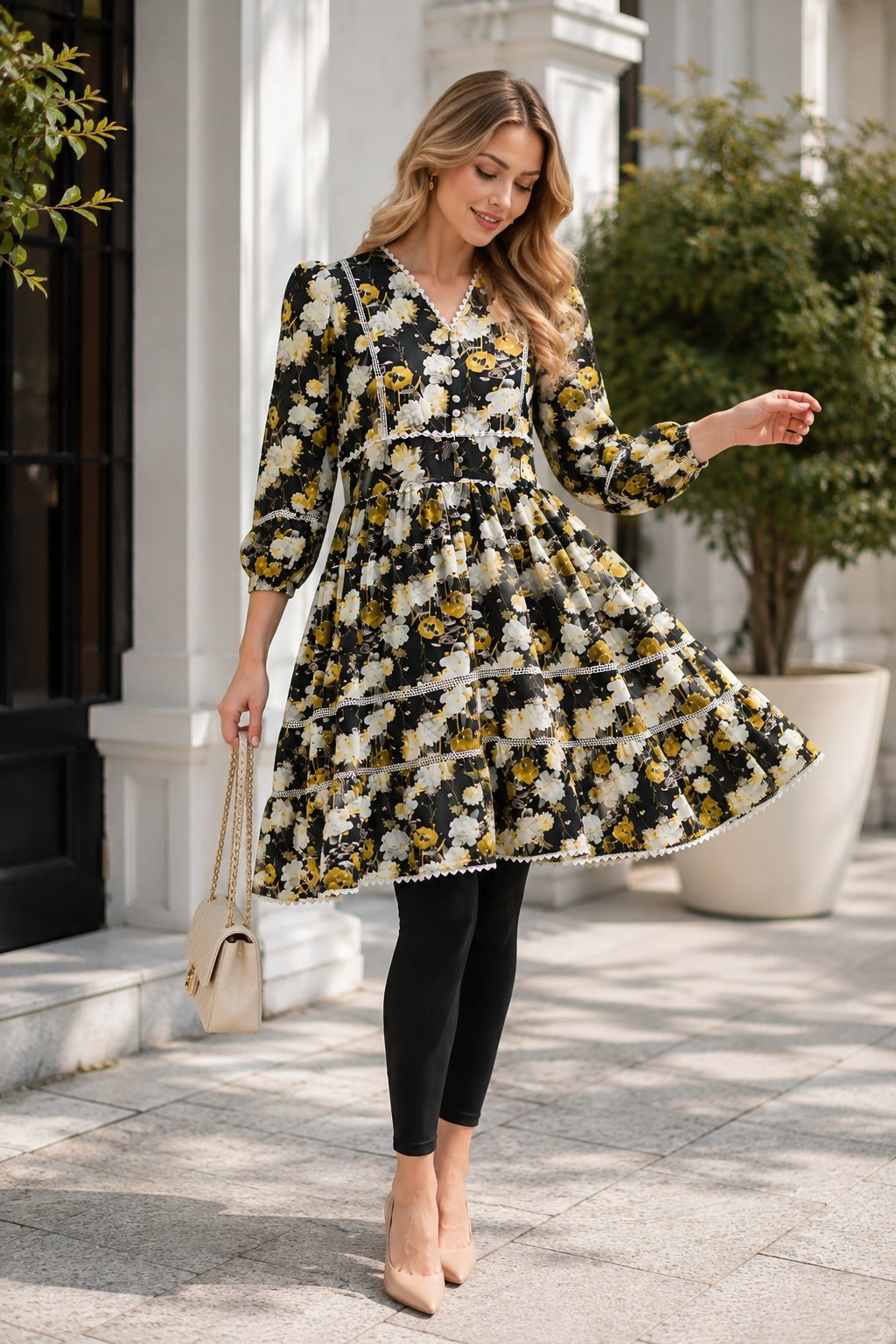 Women's Floral V-Neck Knee Length Autumn Dress, Lace Trim | China Boski Fabric
