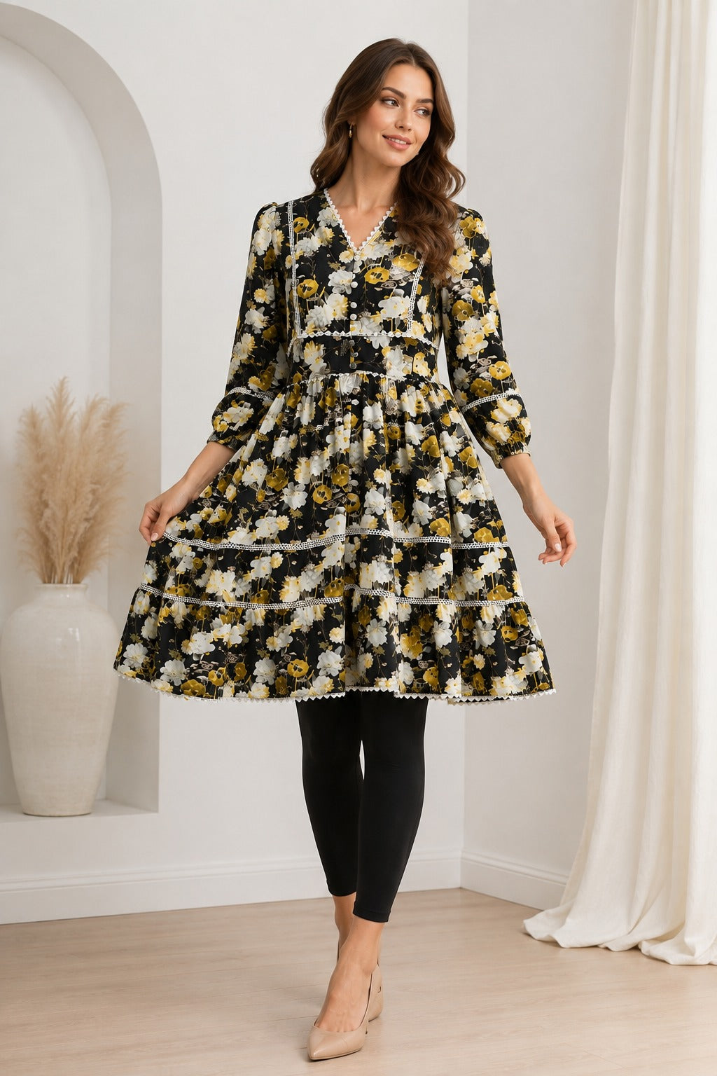 Women's Floral V-Neck Knee Length Autumn Dress, Lace Trim | China Boski Fabric