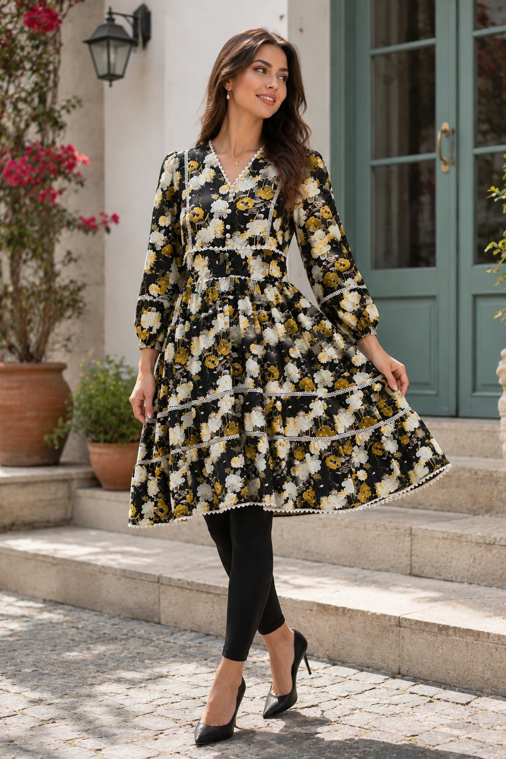 Women's Floral V-Neck Knee Length Autumn Dress, Lace Trim | China Boski Fabric