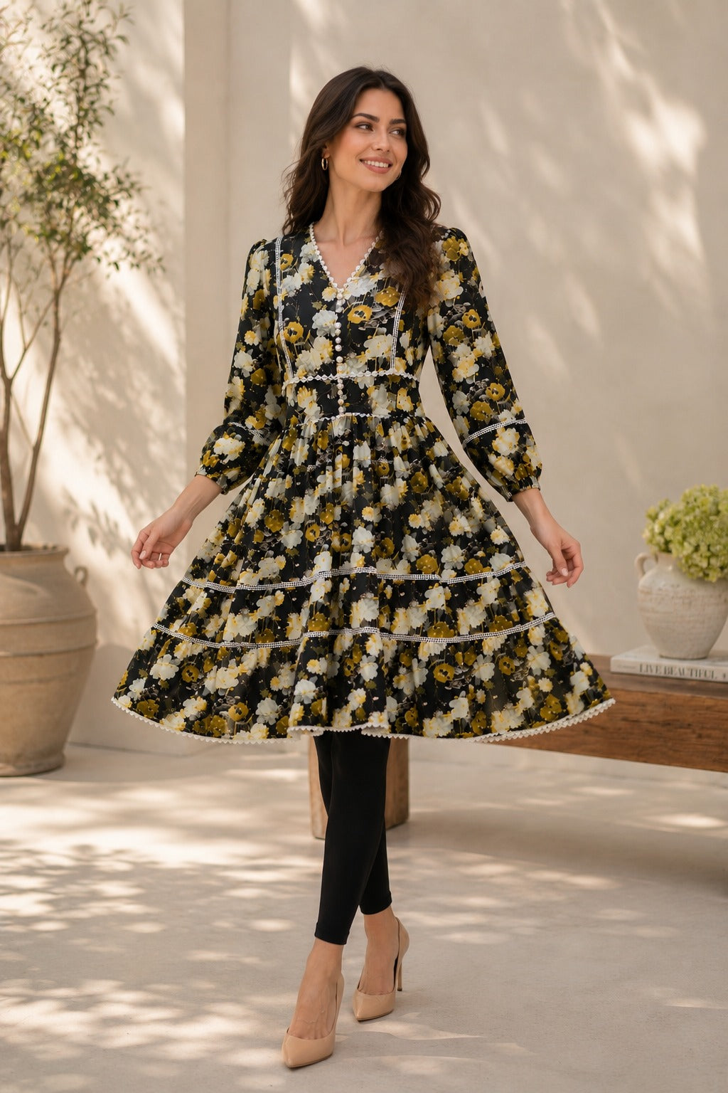 Women's Floral V-Neck Knee Length Autumn Dress, Lace Trim | China Boski Fabric