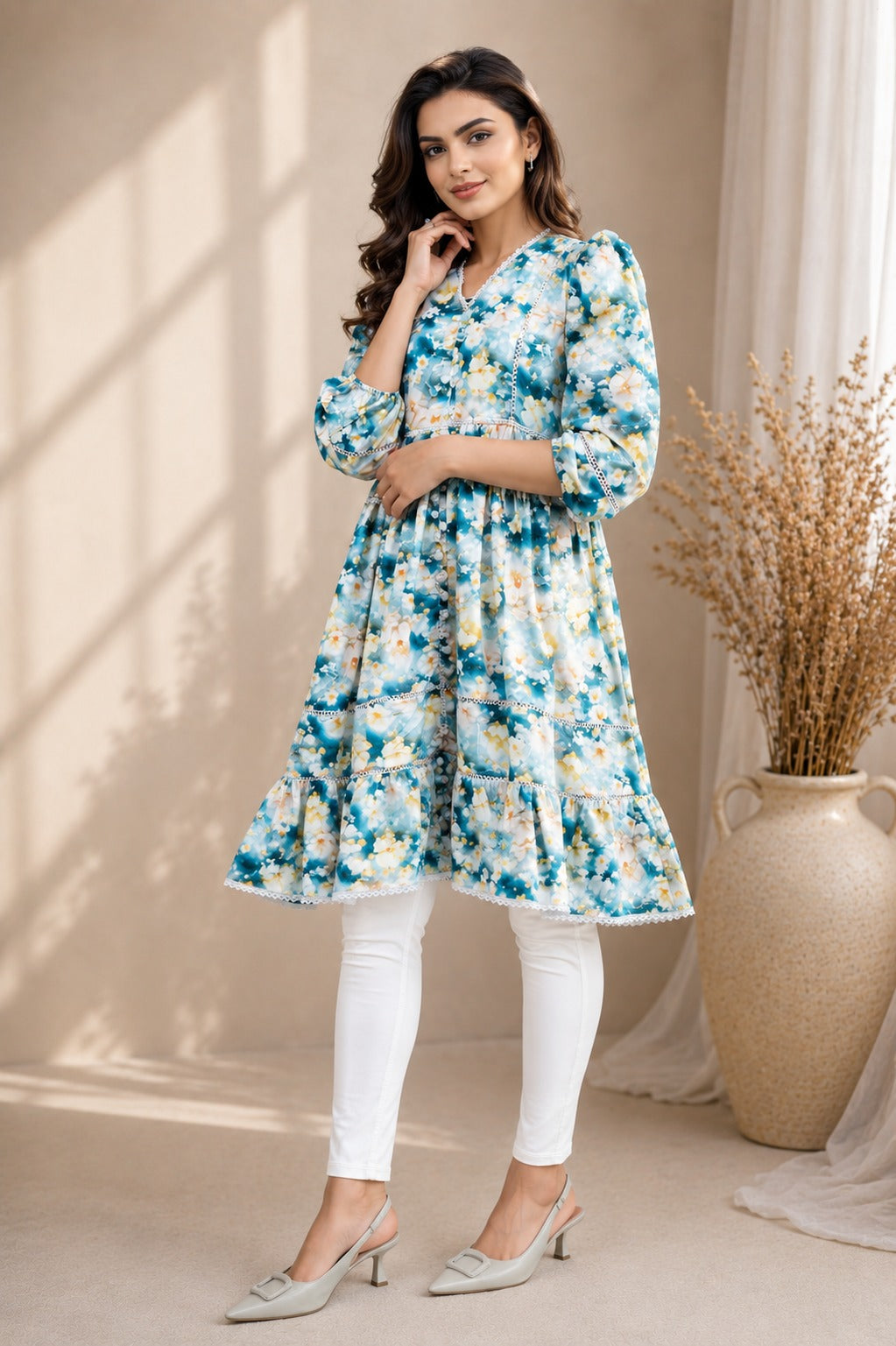 Boho Floral V-Neck Women's Autumn Dress, Lace Trim, Knee Length | China Boski Fabric