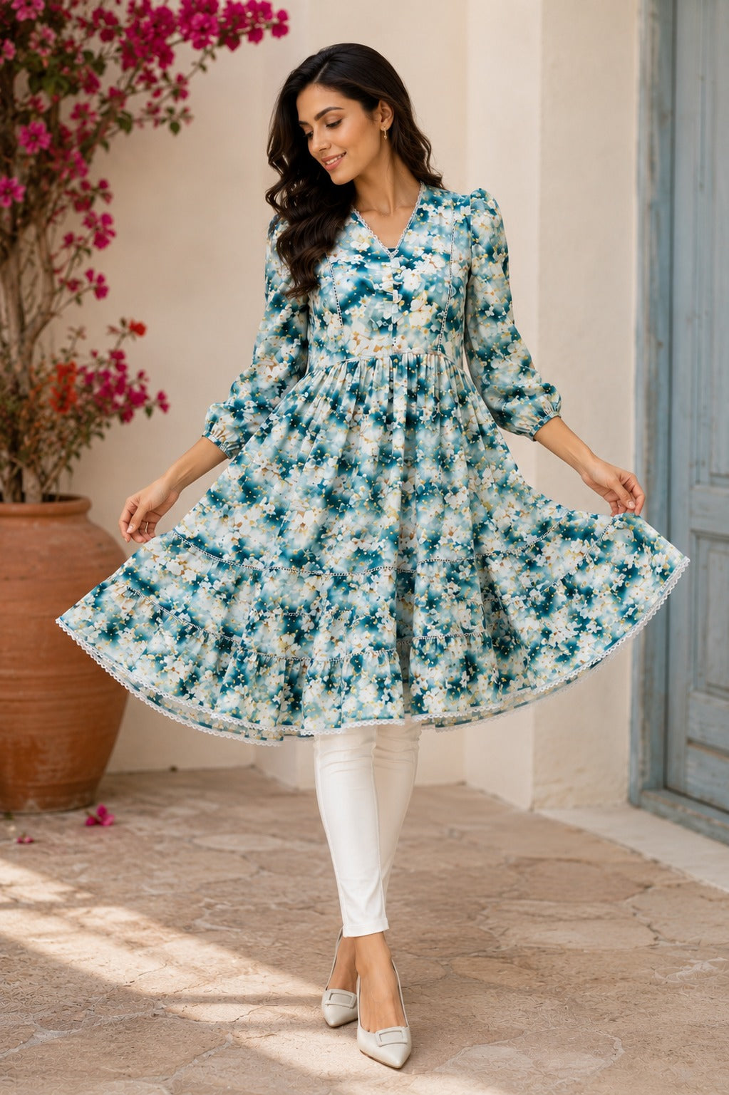 Boho Floral V-Neck Women's Autumn Dress, Lace Trim, Knee Length | China Boski Fabric