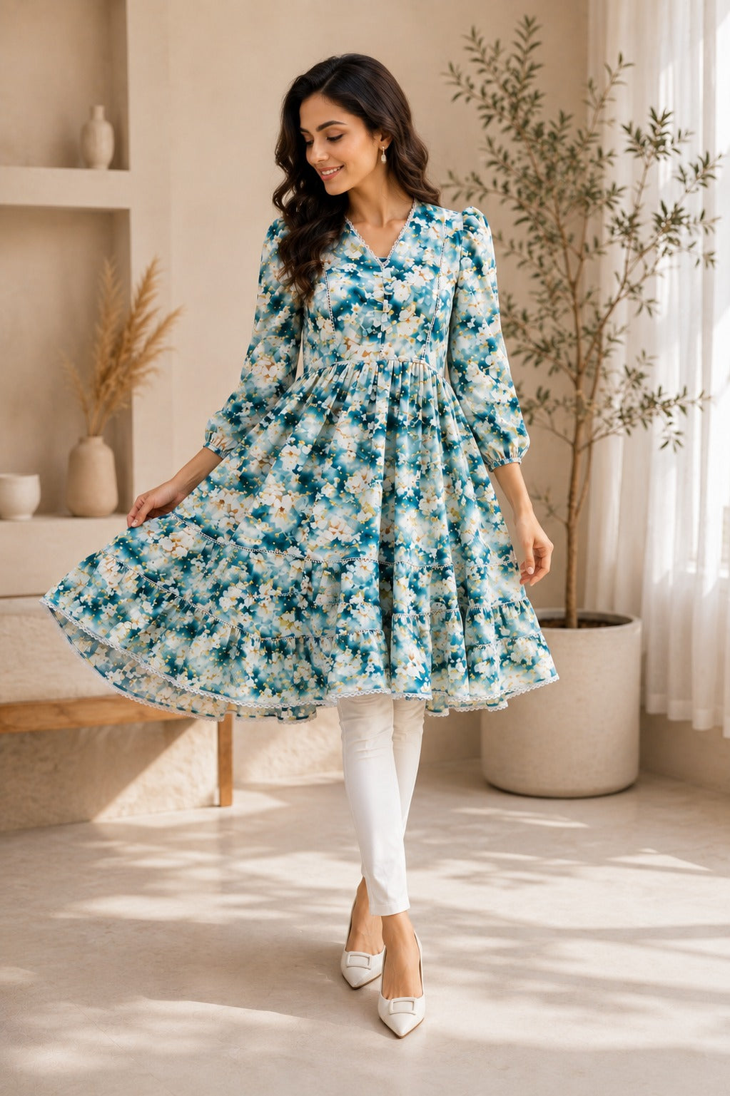 Boho Floral V-Neck Women's Autumn Dress, Lace Trim, Knee Length | China Boski Fabric