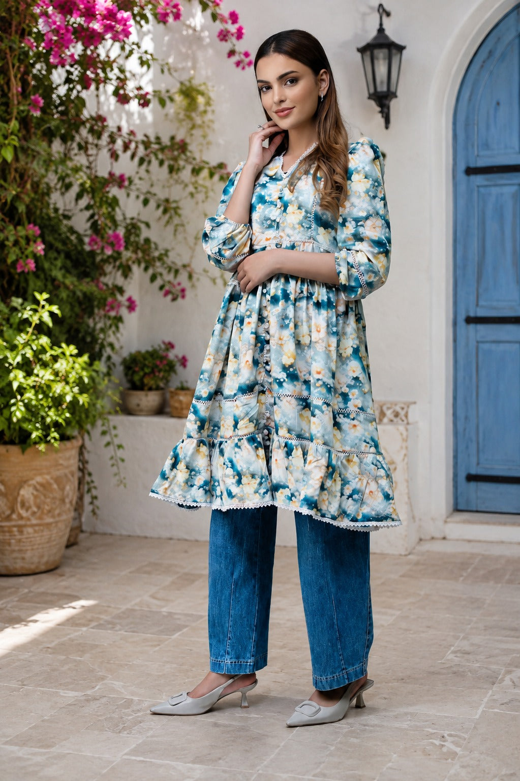 Boho Floral V-Neck Women's Autumn Dress, Lace Trim, Knee Length | China Boski Fabric