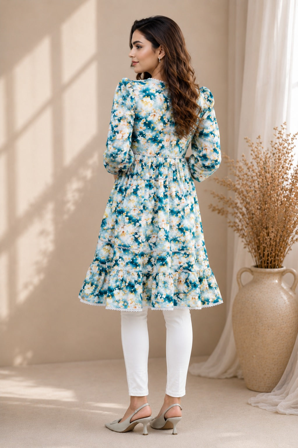 Boho Floral V-Neck Women's Autumn Dress, Lace Trim, Knee Length | China Boski Fabric
