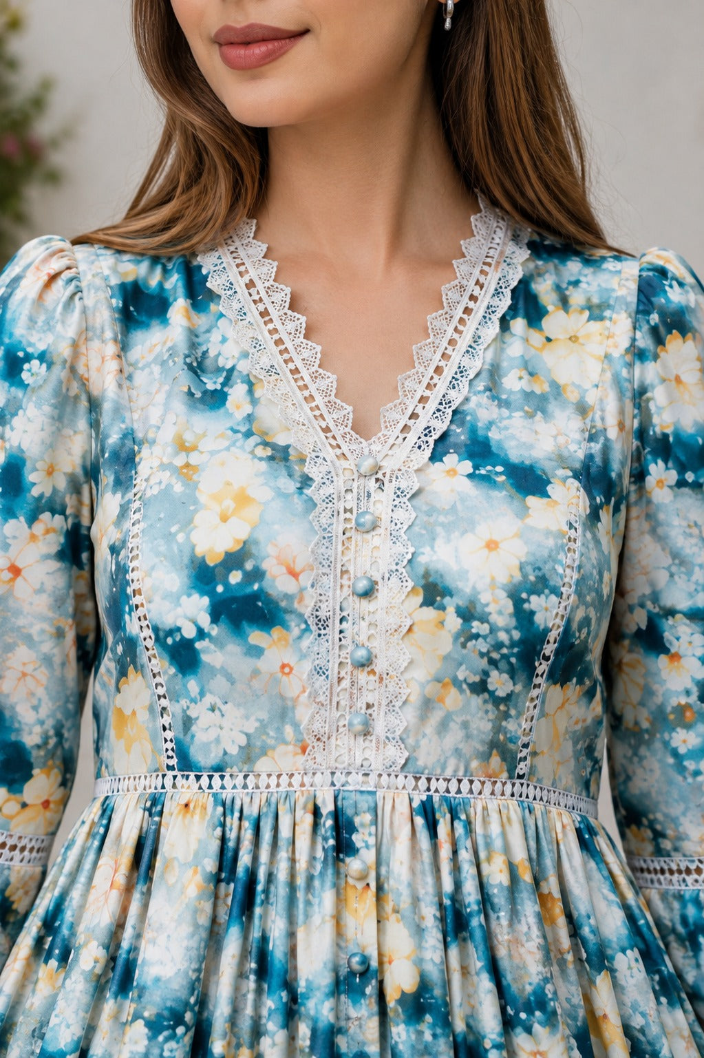 Boho Floral V-Neck Women's Autumn Dress, Lace Trim, Knee Length | China Boski Fabric